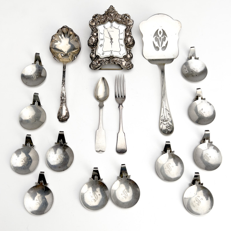 Silver Placecard Holders, Flatware and Clock Group