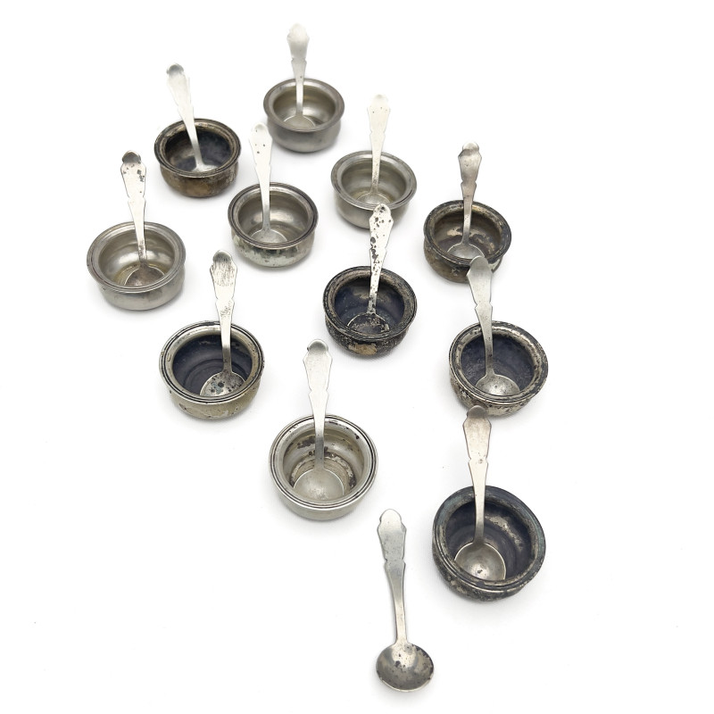 Silver Salt Cellars with Spoons, Group of 12