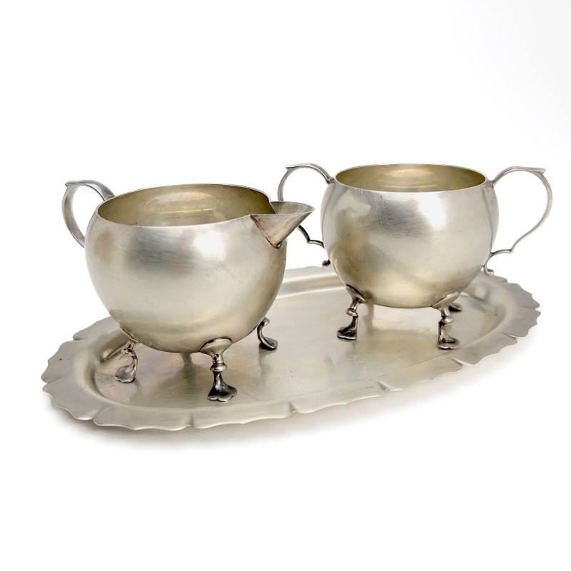 Moss Silver Sugar and Cream Set with Tray