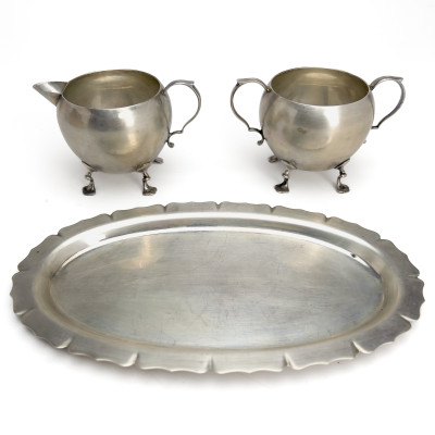Moss Silver Sugar and Cream Set with Tray
