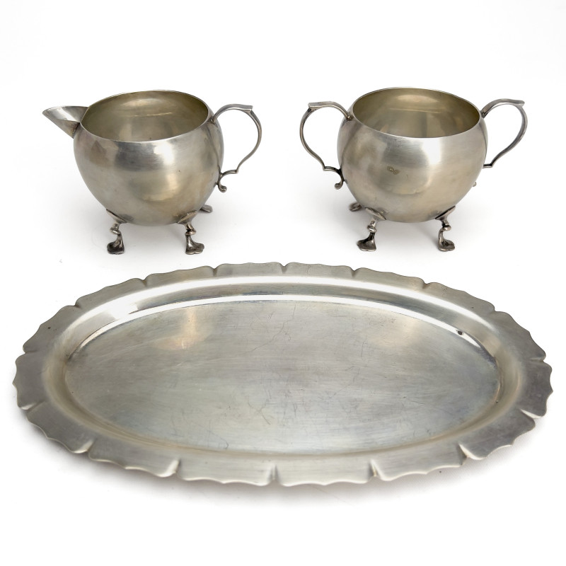 Moss Silver Sugar and Cream Set with Tray