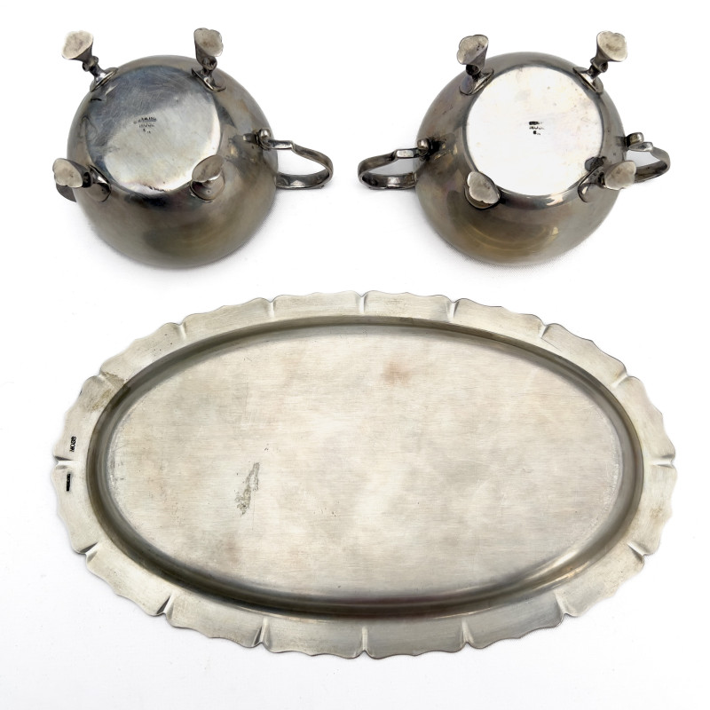 Moss Silver Sugar and Cream Set with Tray