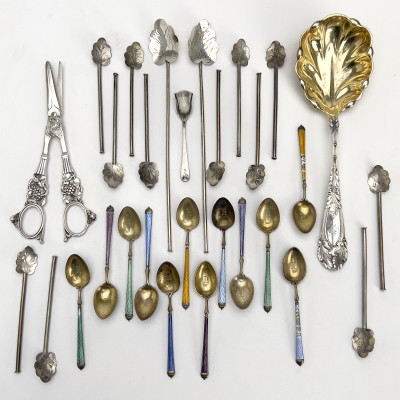 Image for Lot Silver Demitasse Spoons, Straw Spoons, Grape Shears and More Spoons