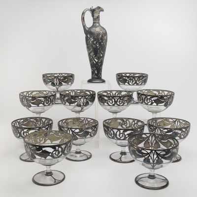 Image for Lot Silver Overlay Dessert Cups and Bottle