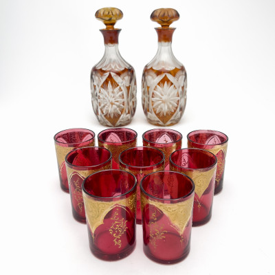 Image for Lot Bohemian Decanters and Gilt Ruby Glass Tumblers
