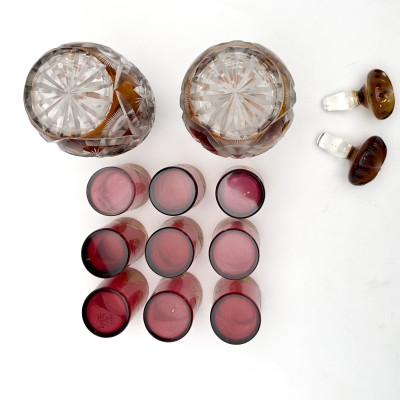 Bohemian Decanters and Gilt Ruby Glass Tumblers