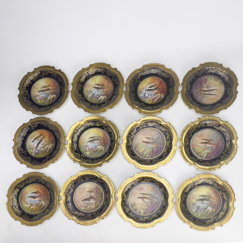 Limoges Ornate Porcelain Fish Service, Set of 15