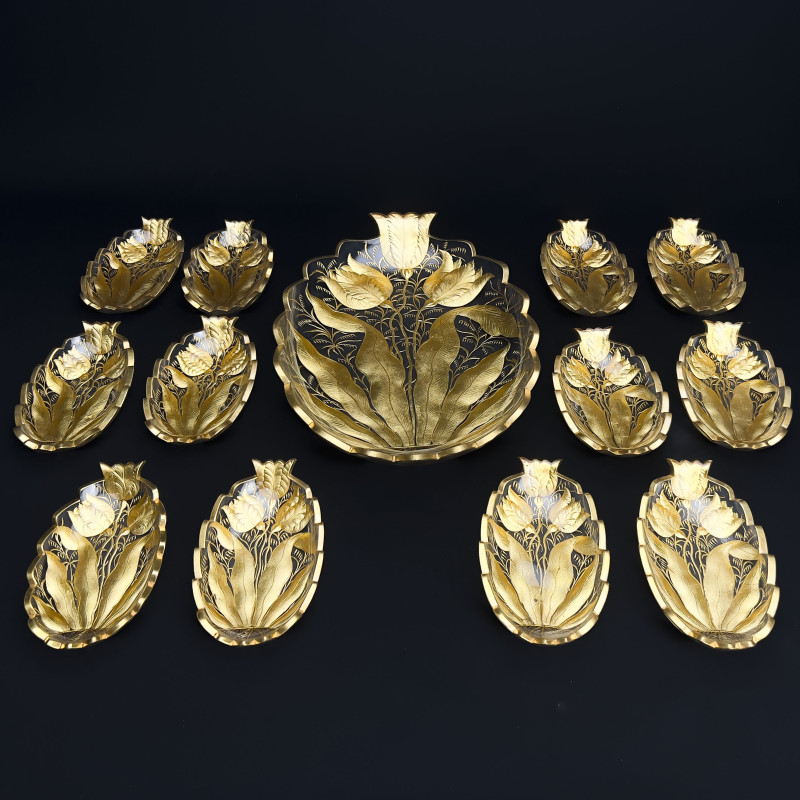 French Gilt Glass Tulip Dishes, Set of 13
