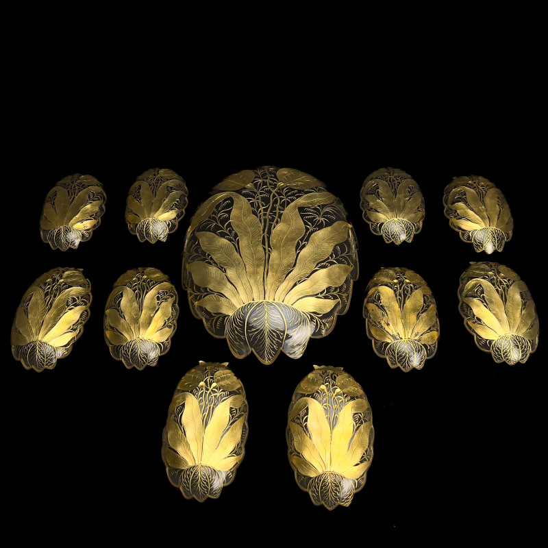 French Gilt Glass Tulip Dishes, Set of 13