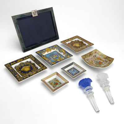 Image for Lot Versace - Porcelain Trays, Crystal Bottle Stoppers, and Silver Picture Frame