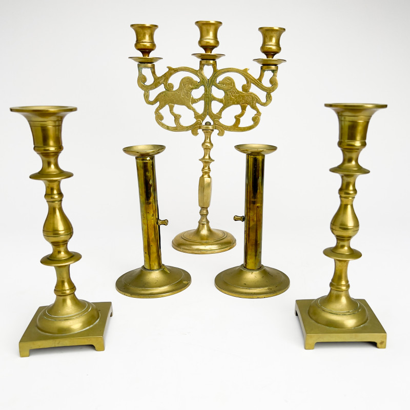Brass Candlesticks and Candelabra, Group of 5