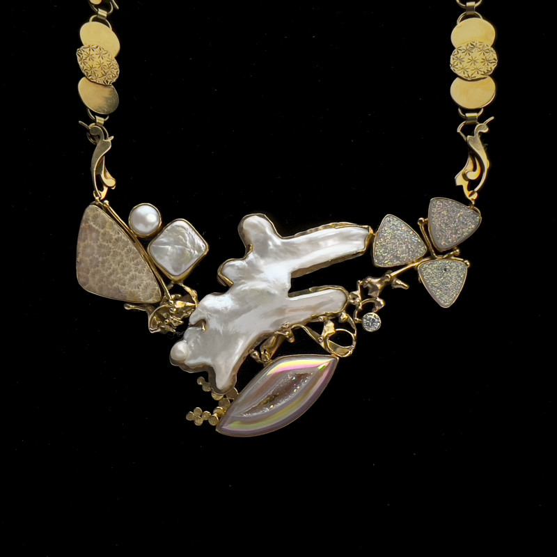 Jennifer Kalled - Fossilized Coral, Pearl, Quartz, and Diamond Gold Link Necklace
