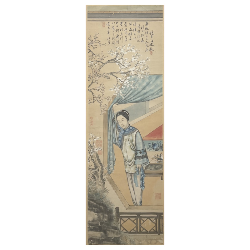 A Chinese Painting - Woman in a Garden Pavilion Under Cherry Blossoms