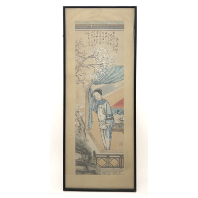 A Chinese Painting - Woman in a Garden Pavilion Under Cherry Blossoms