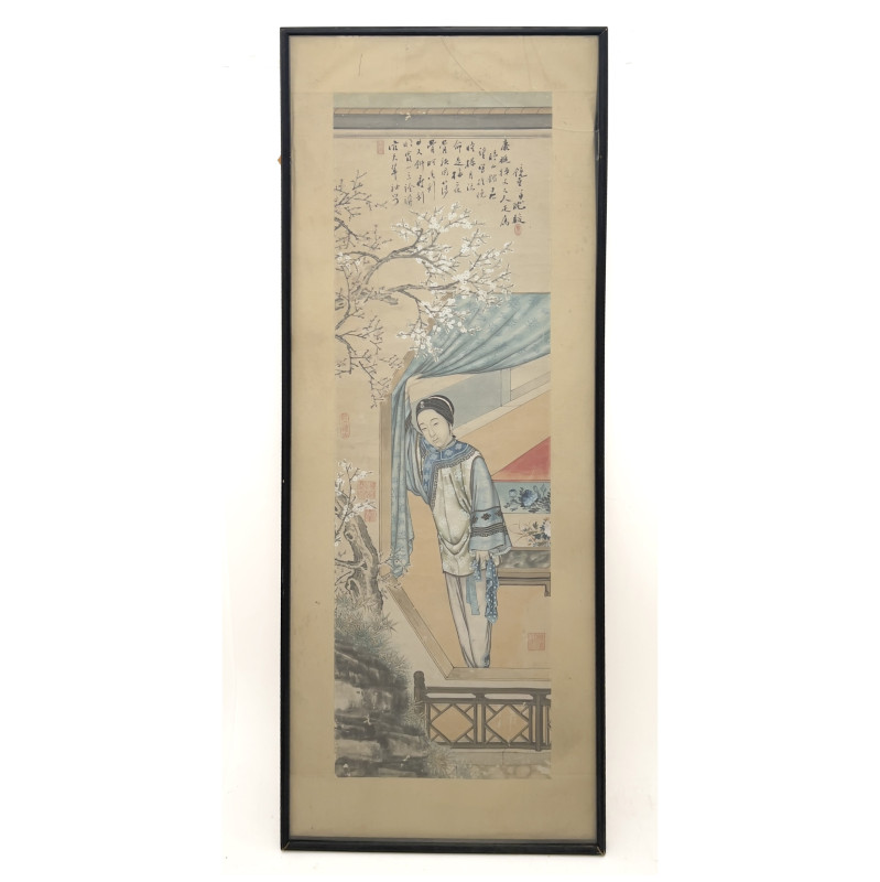 A Chinese Painting - Woman in a Garden Pavilion Under Cherry Blossoms