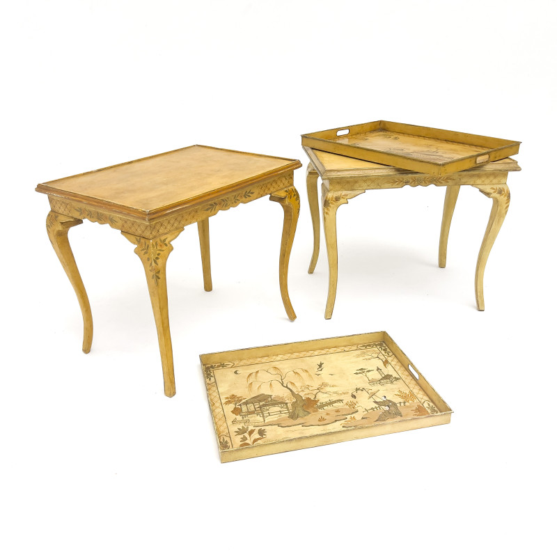 Pair of Ochre-Painted Chinoiserie Tray Top Side Tables