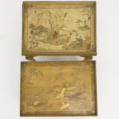 Pair of Ochre-Painted Chinoiserie Tray Top Side Tables
