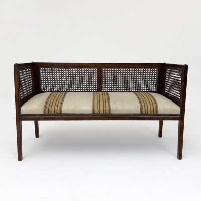 Image for Lot Classic Upholstered Bench with Cane Back