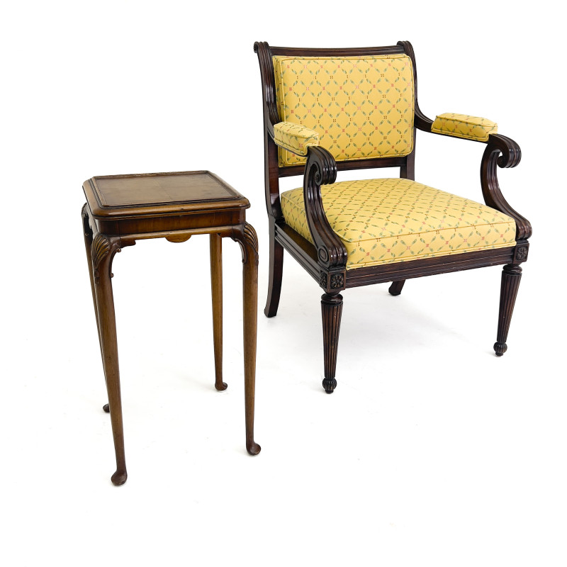 Regency Style Fauteuil and Queen Anne Style Side Table