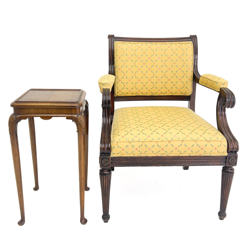 Regency Style Fauteuil and Queen Anne Style Side Table