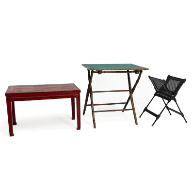 Image for Lot Antique Bamboo Table, Chinese Bench and Cane Magazine Rack, Group of 3