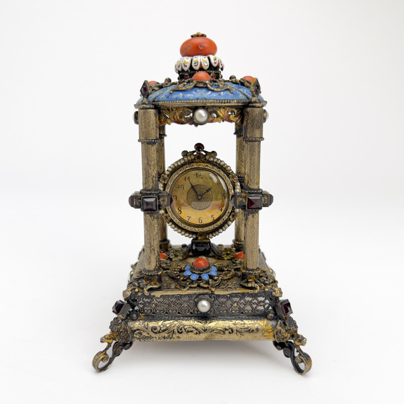 Viennese Gemstone Encrusted Silver Boudoir Clock