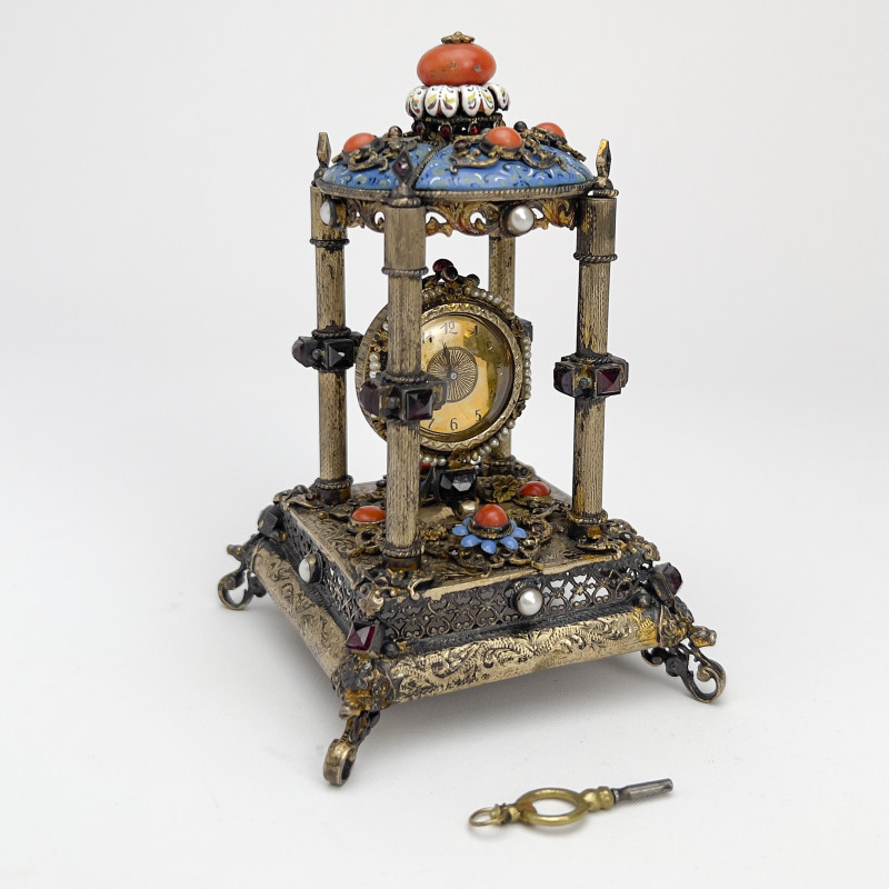 Viennese Gemstone Encrusted Silver Boudoir Clock