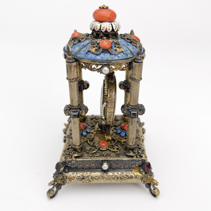 Viennese Gemstone Encrusted Silver Boudoir Clock