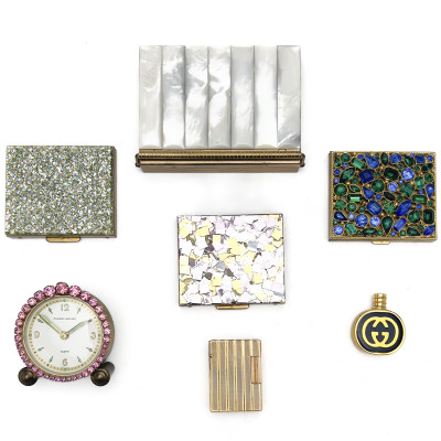 Image for Lot Vintage Accessory Group (7), Fancy Gold-tone Compacts, Lighter, Gucci Perfume+