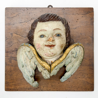Image for Lot Antique Polychrome Putto Angel Head Architectural Fragment