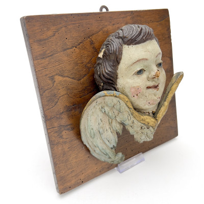 Antique Polychrome Putto Angel Head Architectural Fragment