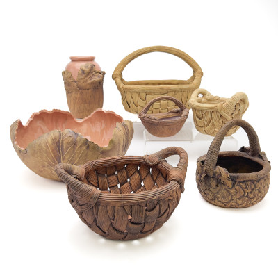 Image for Lot Terrafirma Pottery Baskets and 2 Leaf Forms, Group of 7