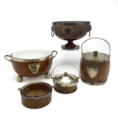 Image for Lot Antique English Silverplate and Oak Group Including Mappin & Webb