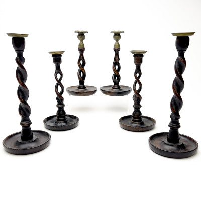 Image for Lot Antique English Oak Barley Twist Candlesticks (Three Pairs)