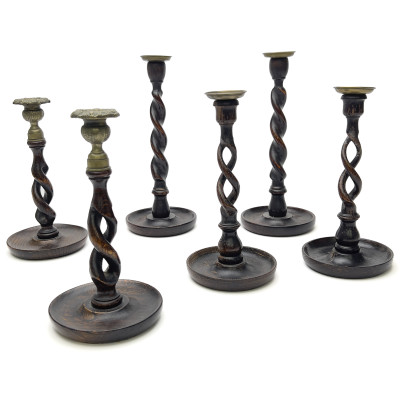 Antique English Oak Barley Twist Candlesticks (Three Pairs)