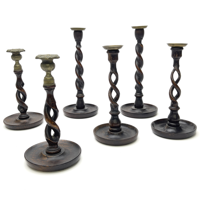 Antique English Oak Barley Twist Candlesticks (Three Pairs)