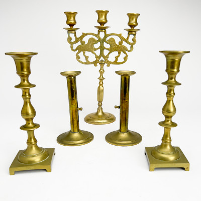 Brass Candlesticks and Candelabra, Group of 5