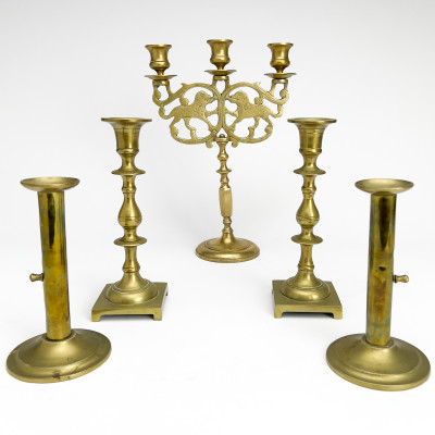 Image for Lot Brass Candlesticks and Candelabra, Group of 5