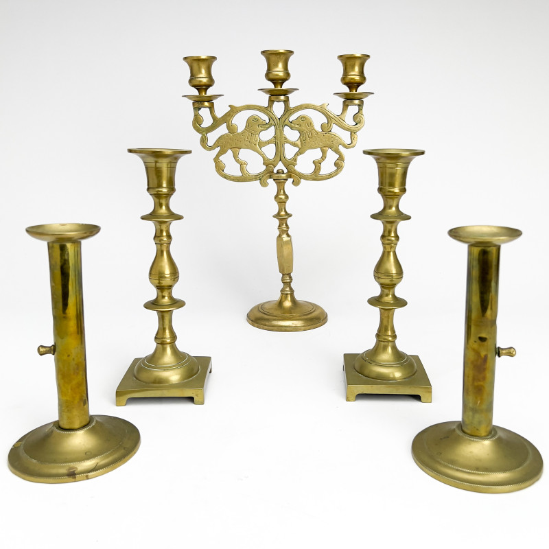 Brass Candlesticks and Candelabra, Group of 5