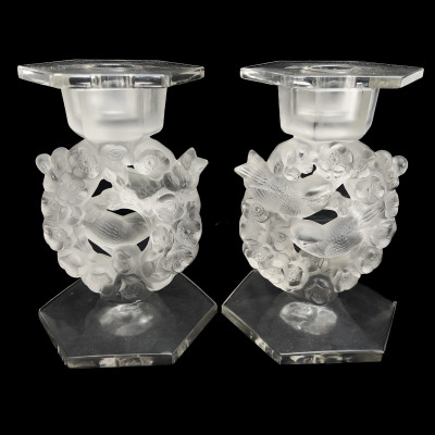 Image for Lot Lalique - A Pair of Mesanges Candlesticks