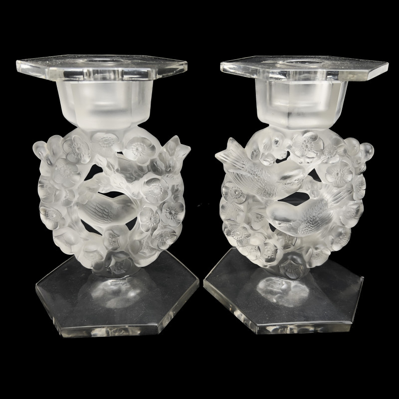 Lalique - A Pair of Mesanges Candlesticks
