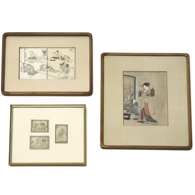 Image for Lot Two Japanese Woodblock Prints and Three Erotic Miniatures