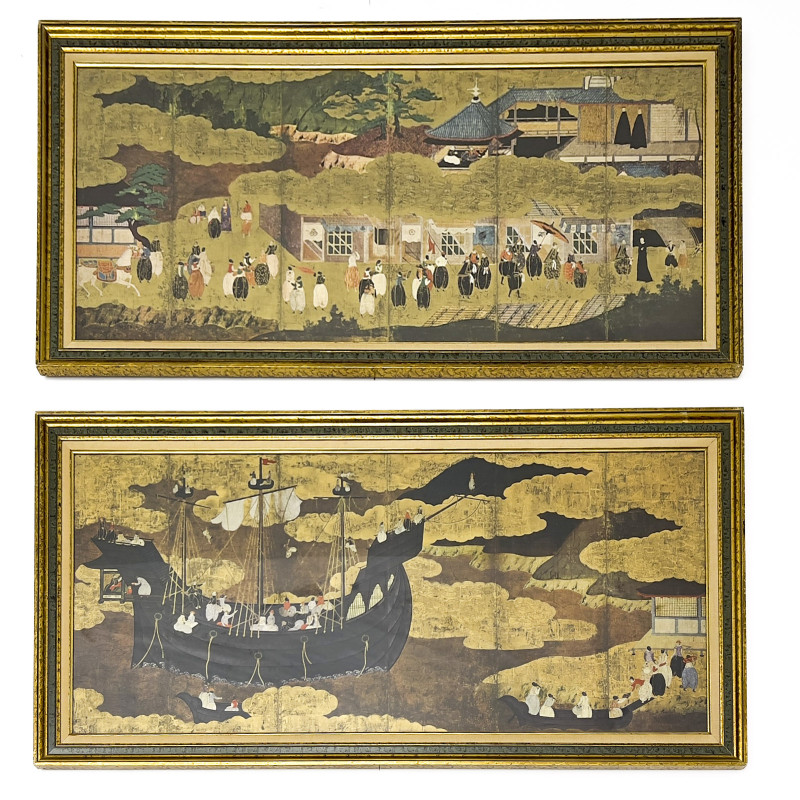 Two Panel Screenprint, Portuguese Ship Entering Nagasaki Harbor