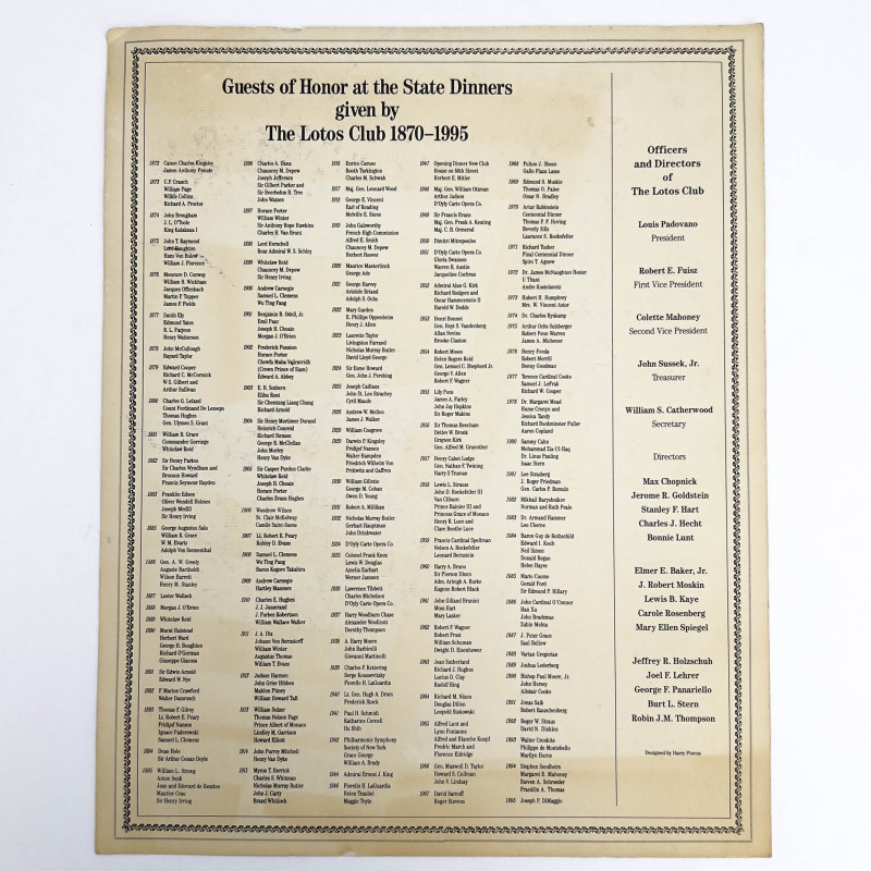 Lotos Club State Dinner Menu, Signed by Joe DiMaggio