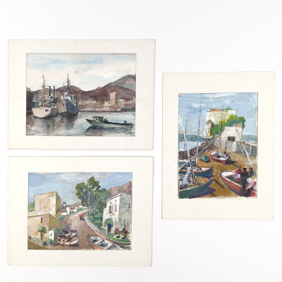 Image for Lot Albert Bela Bauer - European Harbor Scenes, Three Works on Paper