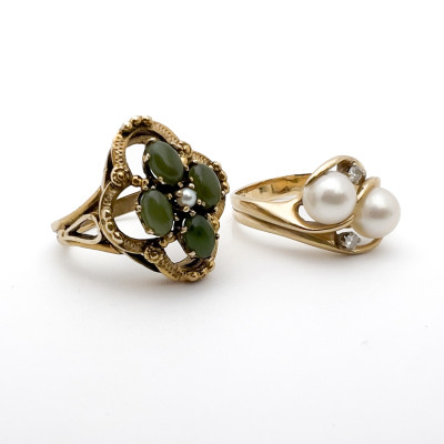 Two Gold Rings, Pearls, Jade and Diamond