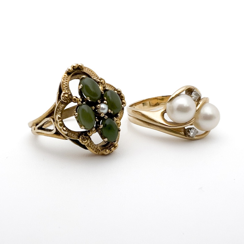 Two Gold Rings, Pearls, Jade and Diamond