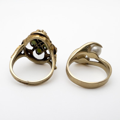 Two Gold Rings, Pearls, Jade and Diamond
