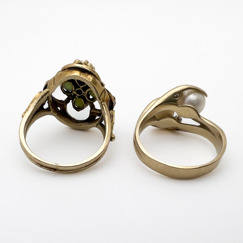 Two Gold Rings, Pearls, Jade and Diamond
