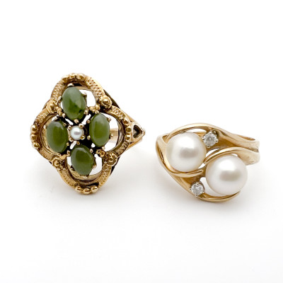 Two Gold Rings, Pearls, Jade and Diamond